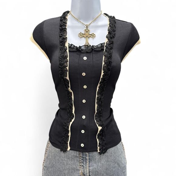 PLUMAGE Korea Knit Ruffle Trim Top Gothic Lolita Coquette Style Black Cream - Picture 5 of 8